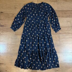 Madewell Navy Blue Floral Tiered Midi Dress Long Sleeve V-Neck M